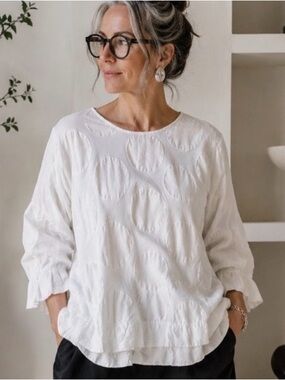 Alembika Artistic Textured Cotton Tunic Top White Balloon Sleeve Small